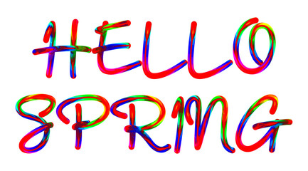 Hello Spring - text written with colorful custom font on white background. Colorful Alphabet Design 3D Typography