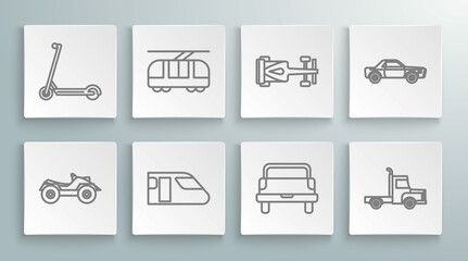 Set line All Terrain Vehicle or ATV motorcycle, Tram and railway, Train, Pickup truck, Delivery cargo vehicle, Formula race, Sedan and Scooter icon. Vector