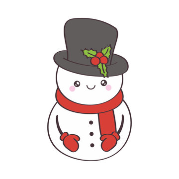 Cartoon cute snowman ornaments. Cheerful snowman in a party hat. Snowman clipart for kids’ activity t shirt print, icon, label, logo, patch or stickers.