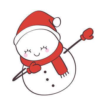 Funny Christmas snowman pictures. Vector Snowman makes dab gesture. Cartoon art snowman of snowman for nursery room label, posters, stickers, greeting cards and party invitations