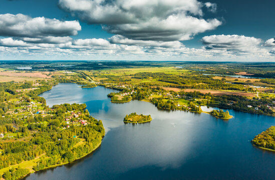 Lyepyel District, Vitebsk Region, Belarus. Aerial View Of Lepel Lake With Natural Small Islands
