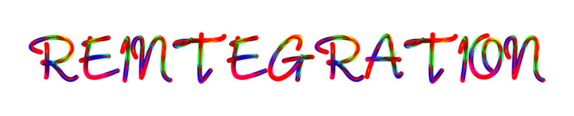 Reintegration - text written with colorful custom font on white background. Colorful Alphabet Design 3D Typography