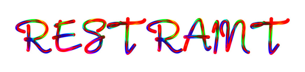 Restraint - text written with colorful custom font on white background. Colorful Alphabet Design 3D Typography