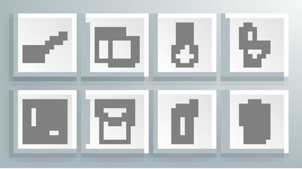 Set line Squeegee, scraper, wiper, Toilet paper roll, Bucket, Plastic bottles for liquid dishwashing liquid, Trash can, Garbage bag, bowl and brush icon. Vector