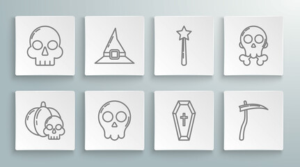 Set line Pumpkin and skull, Witch hat, Skull, Coffin with christian cross, Scythe, Magic wand, on crossbones and icon. Vector