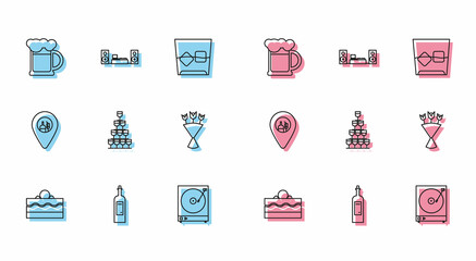Set line Cake, Bottle of wine, Wooden beer mug, Vinyl player with vinyl disk, Wine glasses stacked pyramid tower, Bouquet flowers, Alcohol or bar location and Home stereo two speakers icon. Vector