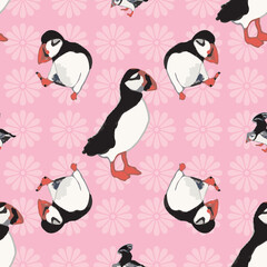 Vector pink background ocean seabird, arctic birds, puffins. Seamless pattern background