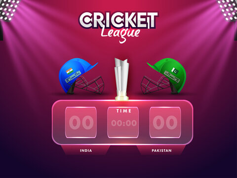 Cricket Digital Scoreboard Of Participating Team India VS Pakistan With 3D Silver Winning Trophy And Stadium Lights On Pink And Purple Background.
