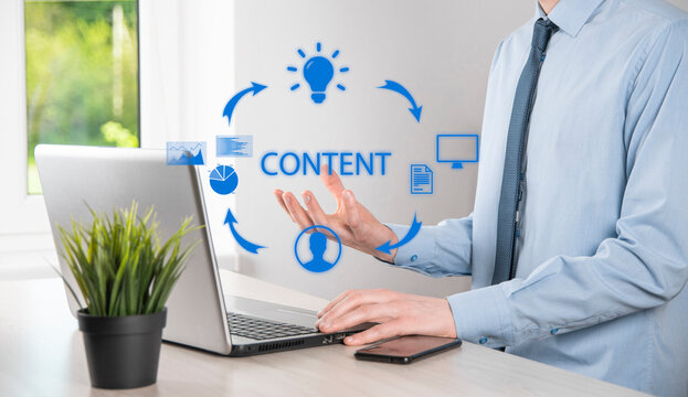 Content marketing cycle - creating, publishing, distributing content for a targeted audience online and analysis.