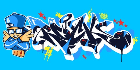 Blue Abstract Urban Graffiti Street Art Word Rock Lettering And Bboy Dancer Character Vector Illustration