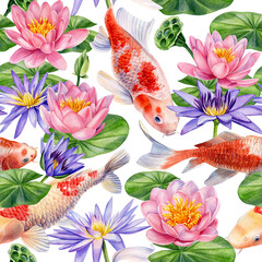 Koi fish and lotus flowers, hand drawn watercolor painting, seamless pattern 