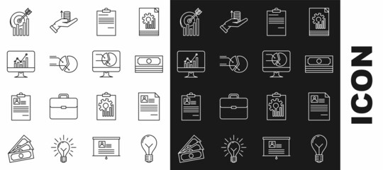 Set line Light bulb with concept of idea, Resume, Stacks paper money cash, Document, Pie chart infographic, Computer monitor, Target and icon. Vector
