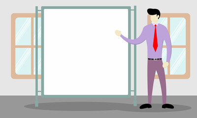 Presentation. A man is doing a presentation on a white board which is a copy space area. Suitable for news, product advertisements, presentations, etc.