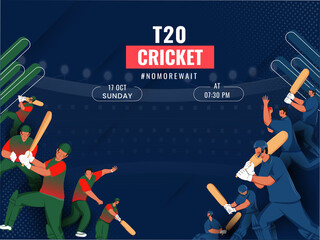 T20 Cricket Match Between Bangladesh VS Scotland With Faceless Cricketer Players On Blue Stadium View Background.