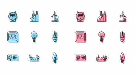 Set line Electrical outlet, Power station plant and factory, meter, Light bulb, with concept of idea, LED light, in the USA and Nuclear power icon. Vector