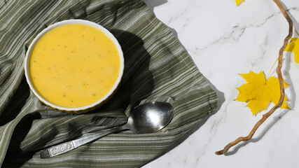 Pumpkin cream soup. Thanksgiving day food concept. 16x9 banner.
