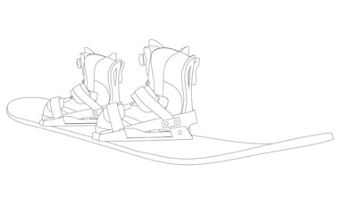 Contour of a snowboard with boots for a snowboarder from black lines isolated on a white background. Vector illustration