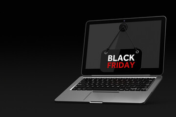 Modern Laptop with Black Friday Sale Hanging Banner Sign. 3d Rendering