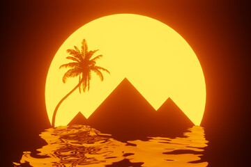 Travel to Egypt Concept. 80s Styled landscape with Pyramids, Palm, Sun and Red Sea. 3d Rendering - obrazy, fototapety, plakaty
