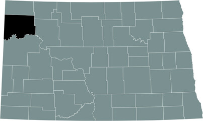 Black highlighted location map of the Williams County inside gray administrative map of the Federal State of North Dakota, USA