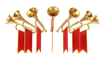 Golden Fanfare Trumpets with Red Flags. 3d Rendering - obrazy, fototapety, plakaty