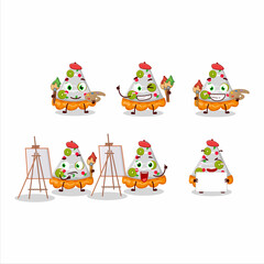 Artistic Artist of slice of fruit tart cartoon character painting with a brush