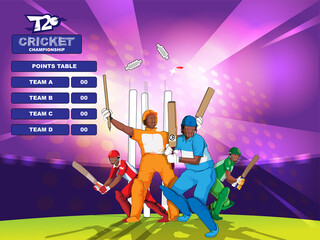 T20 Cricket Championship Concept With Faceless Batter Players In Different Attire On Shiny Purple Rays Background. - obrazy, fototapety, plakaty