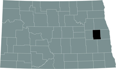Black highlighted location map of the Steele County inside gray administrative map of the Federal State of North Dakota, USA