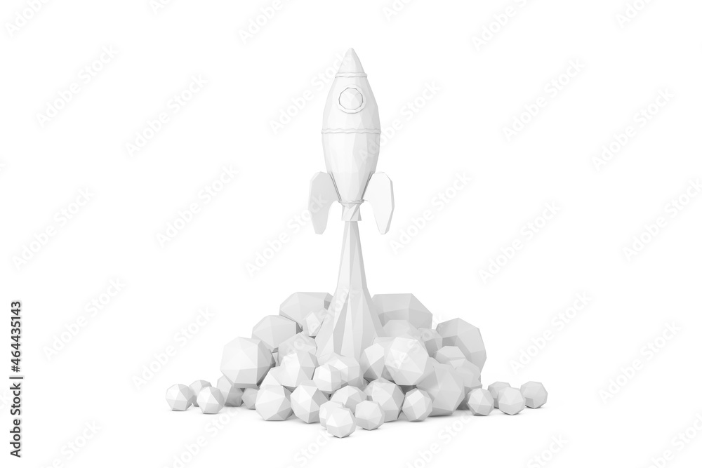 Poster startup concept. toy rocket takes off spewing smoke in low poly style. 3d rendering