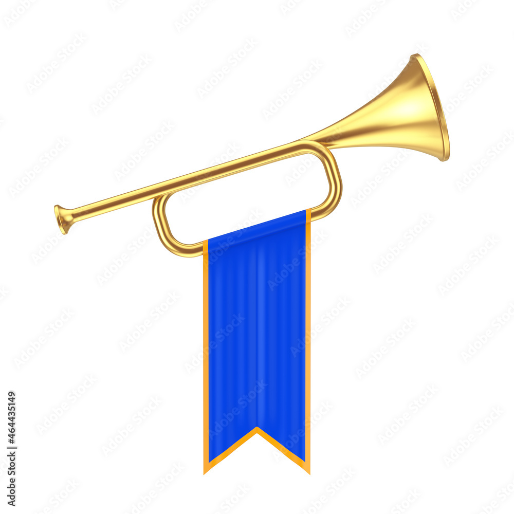 Wall mural Golden Fanfare Trumpet with Blue Flag. 3d Rendering