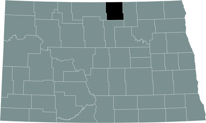 Black highlighted location map of the Rolette County inside gray administrative map of the Federal State of North Dakota, USA