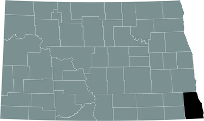 Black highlighted location map of the Richland County inside gray administrative map of the Federal State of North Dakota, USA