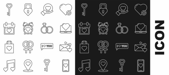 Set line Mobile phone with heart, Envelope, Laptop, Heart hand, in the center alarm clock, Calendar, Key shape and Wedding rings icon. Vector