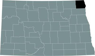 Black highlighted location map of the Pembina County inside gray administrative map of the Federal State of North Dakota, USA