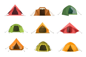 Camp tents set for adventure travel. Cartoon vector illustrations of temporary shelter for tourists or military equipment with canvas and ropes isolated on white. Mountaineering, camping concept