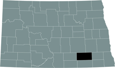 Black highlighted location map of the LaMoure County inside gray administrative map of the Federal State of North Dakota, USA