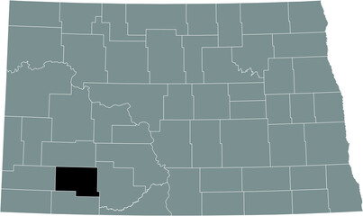 Black highlighted location map of the Hettinger County inside gray administrative map of the Federal State of North Dakota, USA
