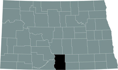 Black highlighted location map of the Emmons County inside gray administrative map of the Federal State of North Dakota, USA