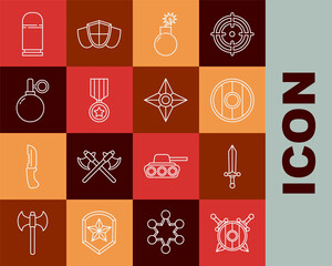 Set line Wooden shield with crossed swords, Medieval, Round wooden, Bomb ready to explode, Military reward medal, Hand grenade, Cartridges and Japanese ninja shuriken icon. Vector