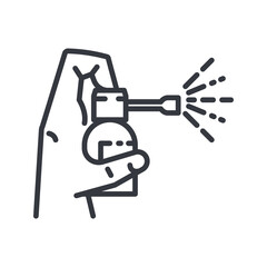Black linear medical icon of throat spray isolated on transparent background