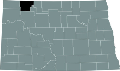 Black highlighted location map of the Burke County inside gray administrative map of the Federal State of North Dakota, USA