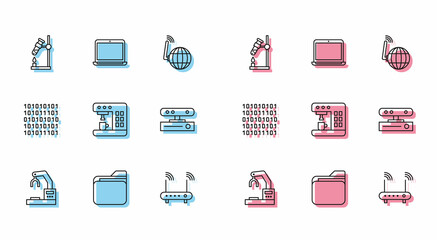 Set line Robotic robot arm hand factory, Document folder, Test tube flask on fire, Router wi-fi signal, Coffee machine, Motion sensor, Binary code and Laptop icon. Vector