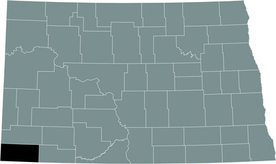 Black highlighted location map of the Bowman County inside gray administrative map of the Federal State of North Dakota, USA