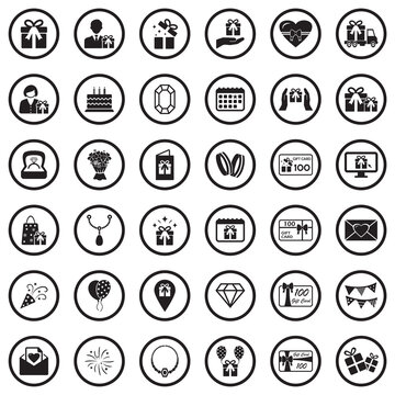 Gift And Surprise Icons. Black Flat Design In Circle. Vector Illustration.