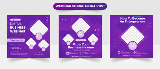 Set of social media post layout for online business live webinar conference training seminar course and learning video banner flyer poster template design