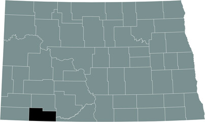 Black highlighted location map of the Adams County inside gray administrative map of the Federal State of North Dakota, USA