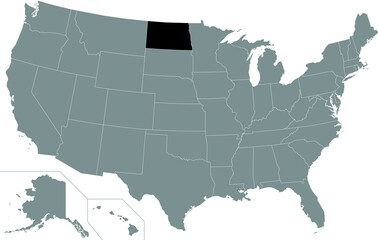 Black highlighted location administrative map of the US Federal State of North Dakota inside gray map of the United States of America