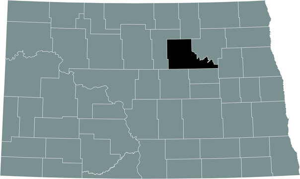 Black highlighted location map of the Benson County inside gray administrative map of the Federal State of North Dakota, USA