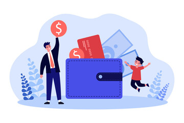 Father teaching son financial literacy. Tiny man and kid standing near wallet with money and credit card flat vector illustration. Savings concept for banner, website design or landing web page