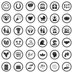 Happiness Icons. Black Flat Design In Circle. Vector Illustration.